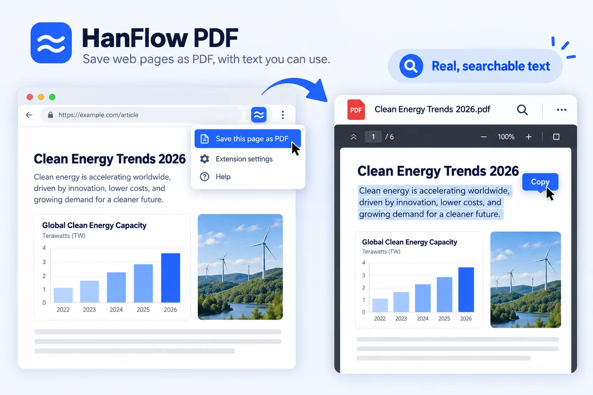 Save any web page as a PDF with real, searchable text in one click