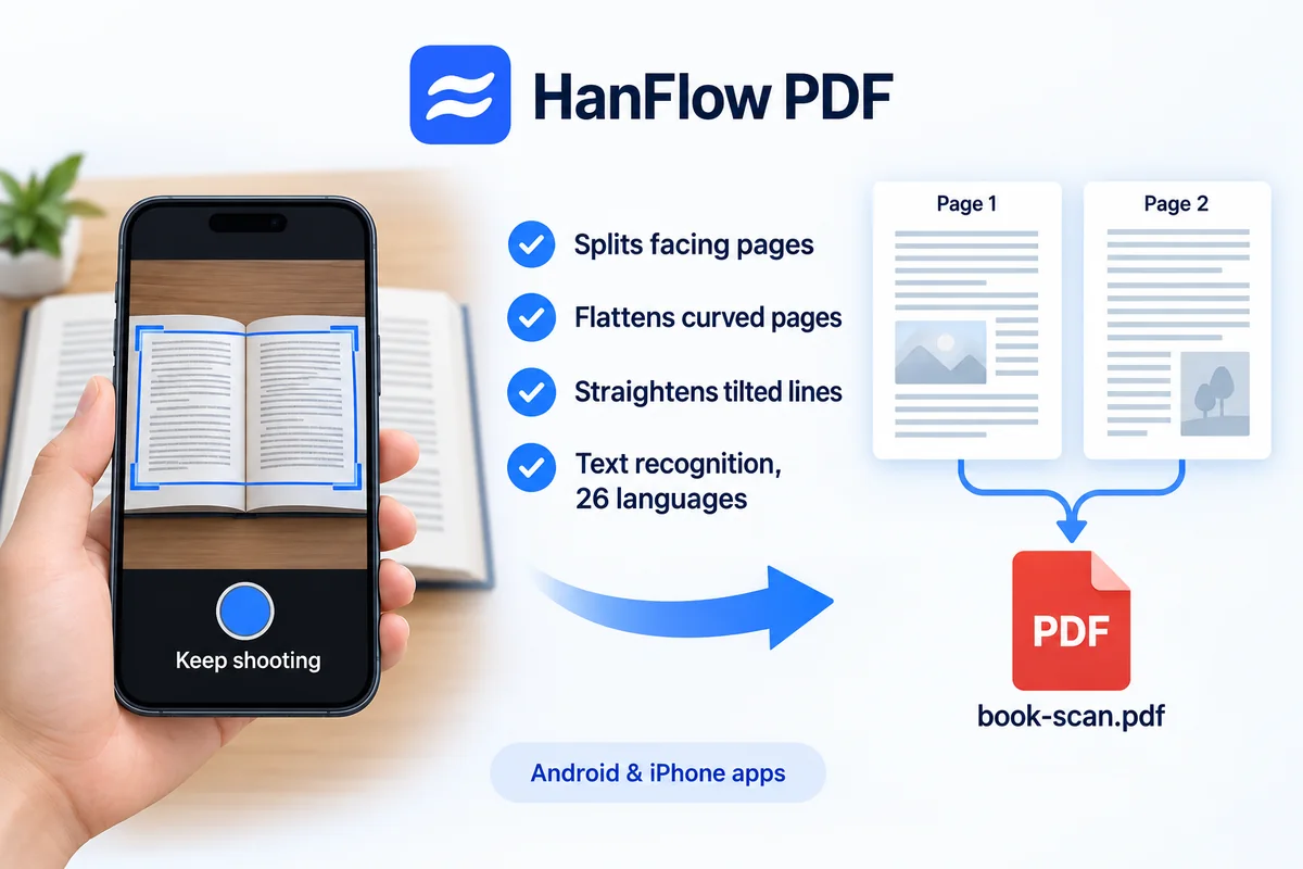 Photographing an open book with a phone: the two pages are split, flattened and saved as a PDF