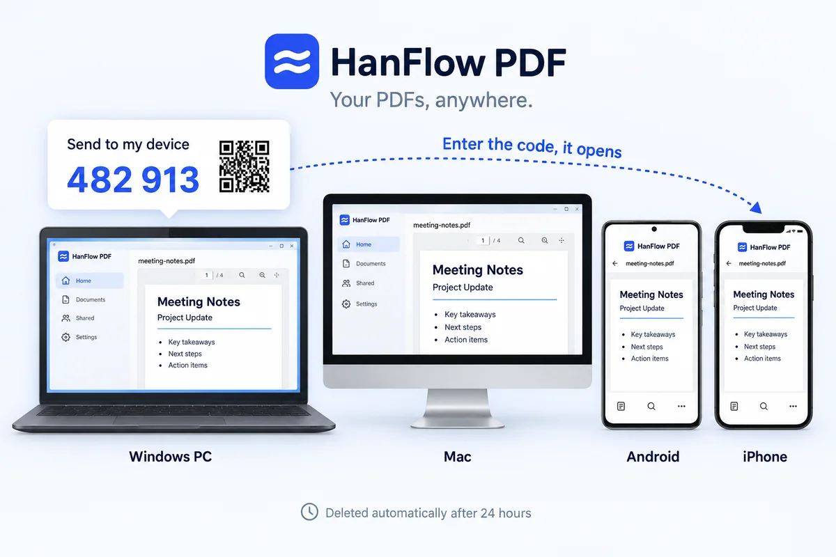 The same document open on a Windows PC, a Mac, an Android phone and an iPhone, sent with a 6-digit code