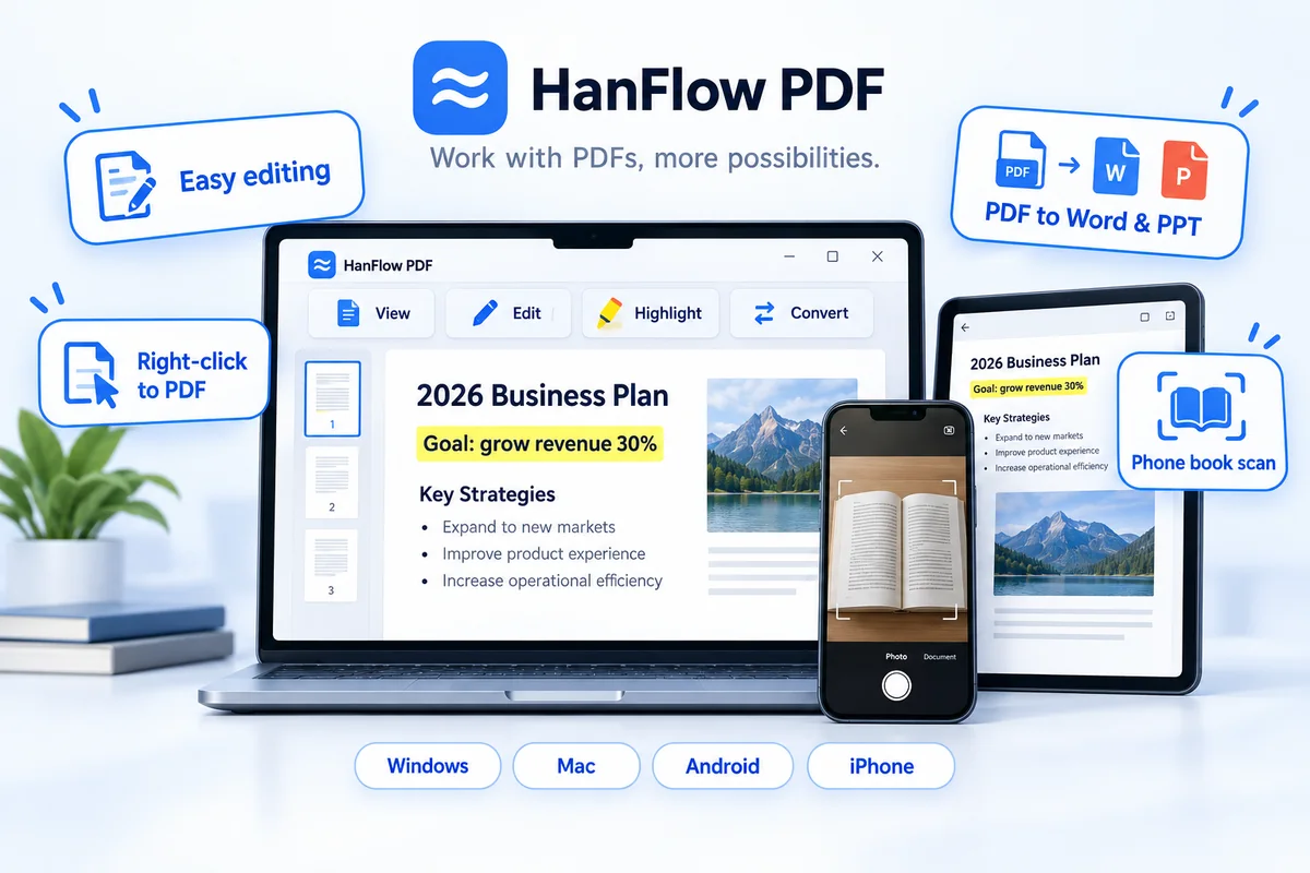 HanFlow PDF — easy editing, PDF to Word and PowerPoint, right-click to PDF, phone book scan, on Windows, Mac, Android and iPhone