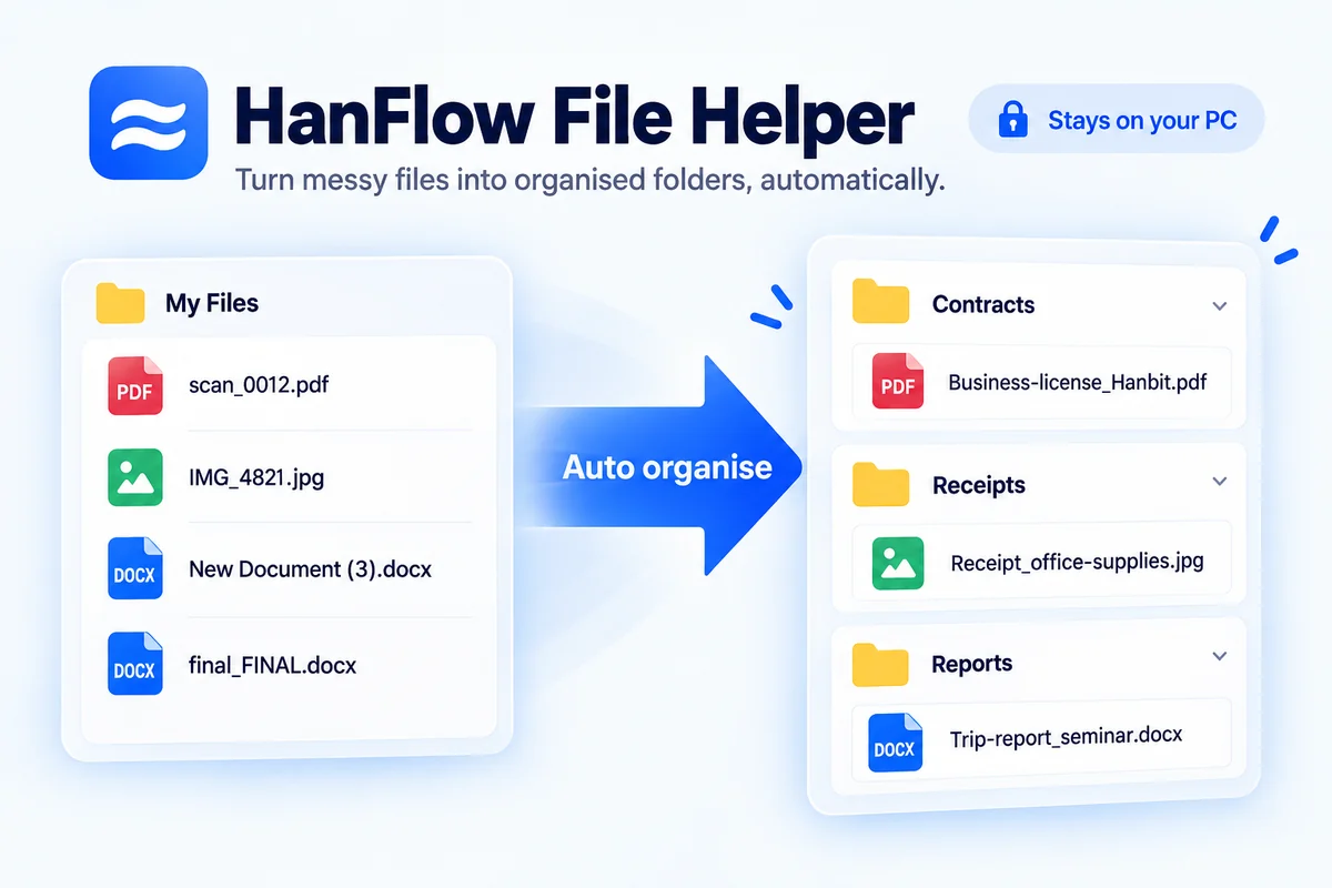 HanFlow File Helper renames messy files by their content and sorts them into the right folders