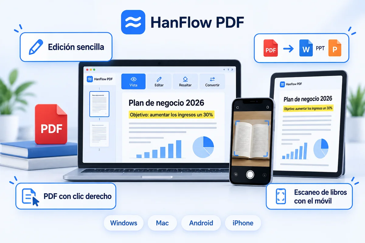 HanFlow PDF: edición fácil, PDF a Word y PowerPoint, clic derecho para PDF, escaneo de libros con el teléfono, en Windows, Mac, Android y iPhone