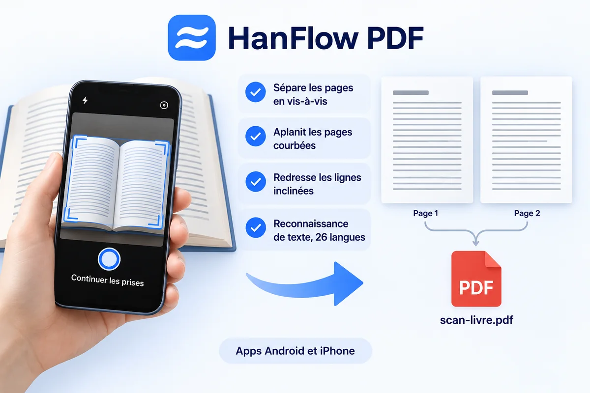 Photographie d’un livre ouvert avec un téléphone : les deux pages sont séparées, aplaties et enregistrées en PDF