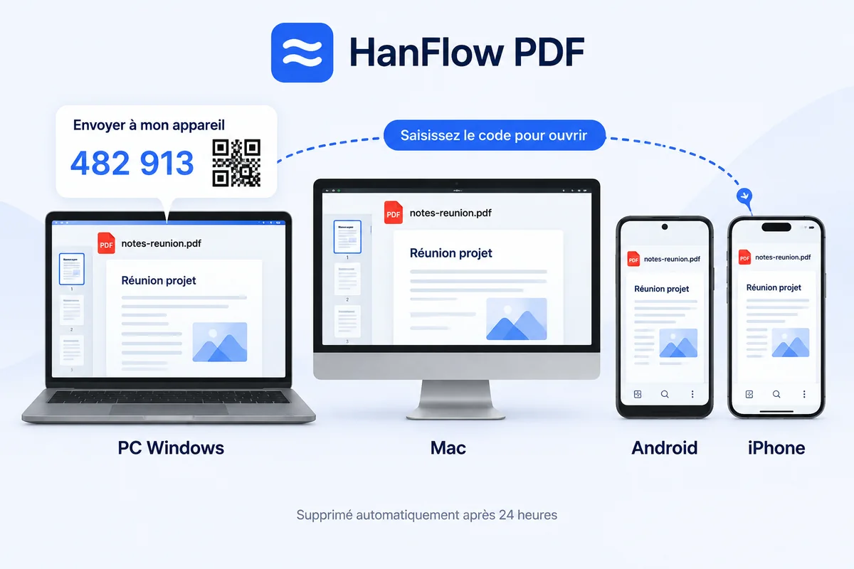 Le même document ouvert sur un PC Windows, un Mac, un téléphone Android et un iPhone, envoyé avec un code à 6 chiffres