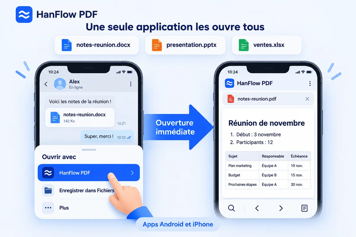 Un fichier Word reçu dans une messagerie est ouvert avec HanFlow PDF depuis la liste Ouvrir avec et affiché en PDF sur le téléphone