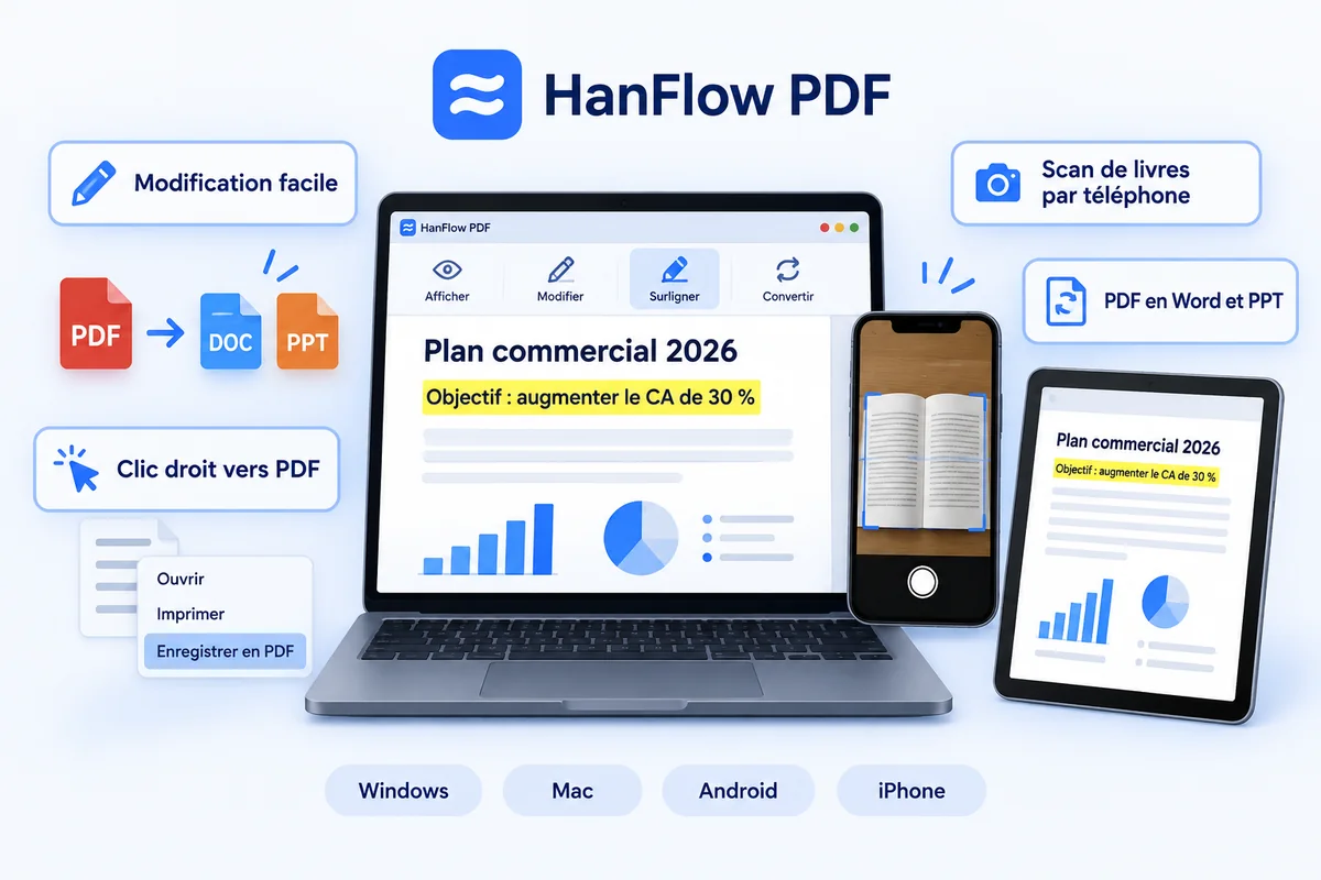 HanFlow PDF — édition facile, PDF vers Word et PowerPoint, clic droit vers PDF, numérisation de livres au téléphone, sur Windows, Mac, Android et iPhone