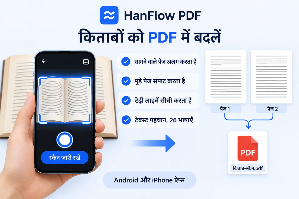फ़ोन से खुली किताब की फोटो: दोनों पेज अलग किए गए, समतल किए गए और PDF के रूप में सेव किए गए