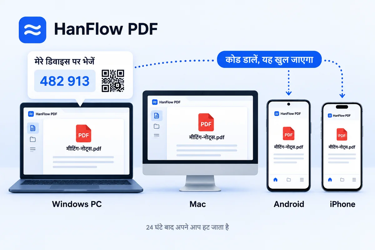 वही दस्तावेज़ Windows PC, Mac, Android फ़ोन और iPhone पर खुला है, 6-अंकों के कोड से भेजा गया