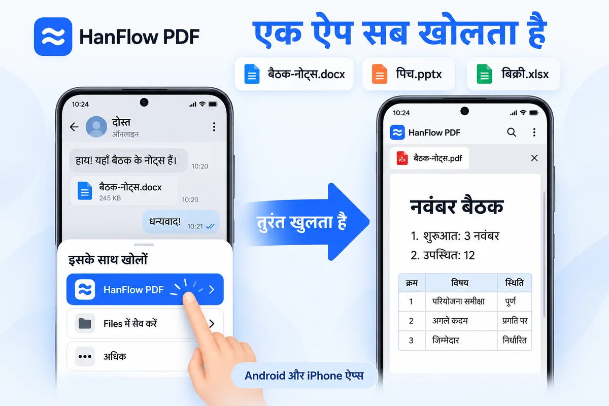 मैसेंजर में मिली Word फ़ाइल को इसके साथ खोलें सूची से HanFlow PDF में खोला गया है और फ़ोन पर PDF के रूप में दिखाया गया है