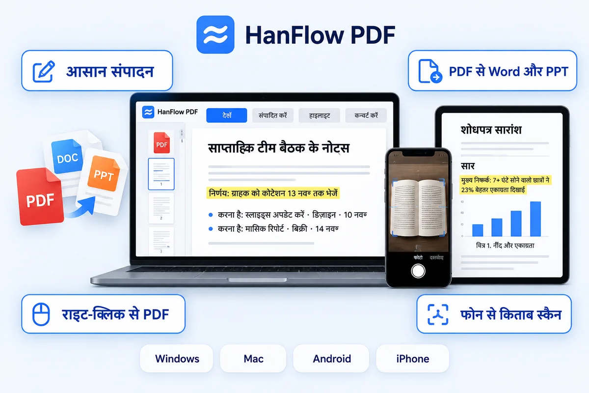 HanFlow PDF — आसान एडिटिंग, PDF से Word और PowerPoint, राइट-क्लिक से PDF, फ़ोन से किताब स्कैन, Windows, Mac, Android और iPhone पर