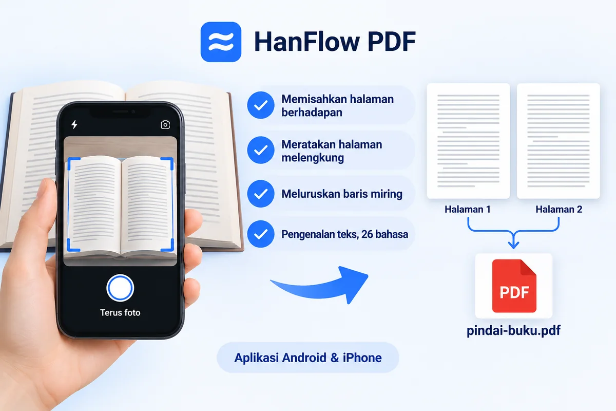 Memotret buku yang terbuka dengan ponsel: dua halaman dipisahkan, diratakan, dan disimpan sebagai PDF