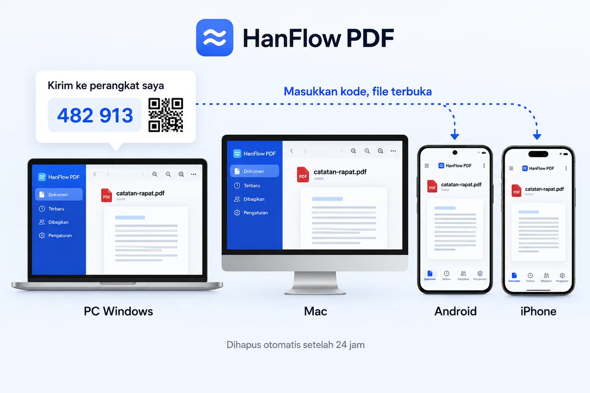 Dokumen yang sama terbuka di PC Windows, Mac, ponsel Android, dan iPhone, dikirim dengan kode 6 digit