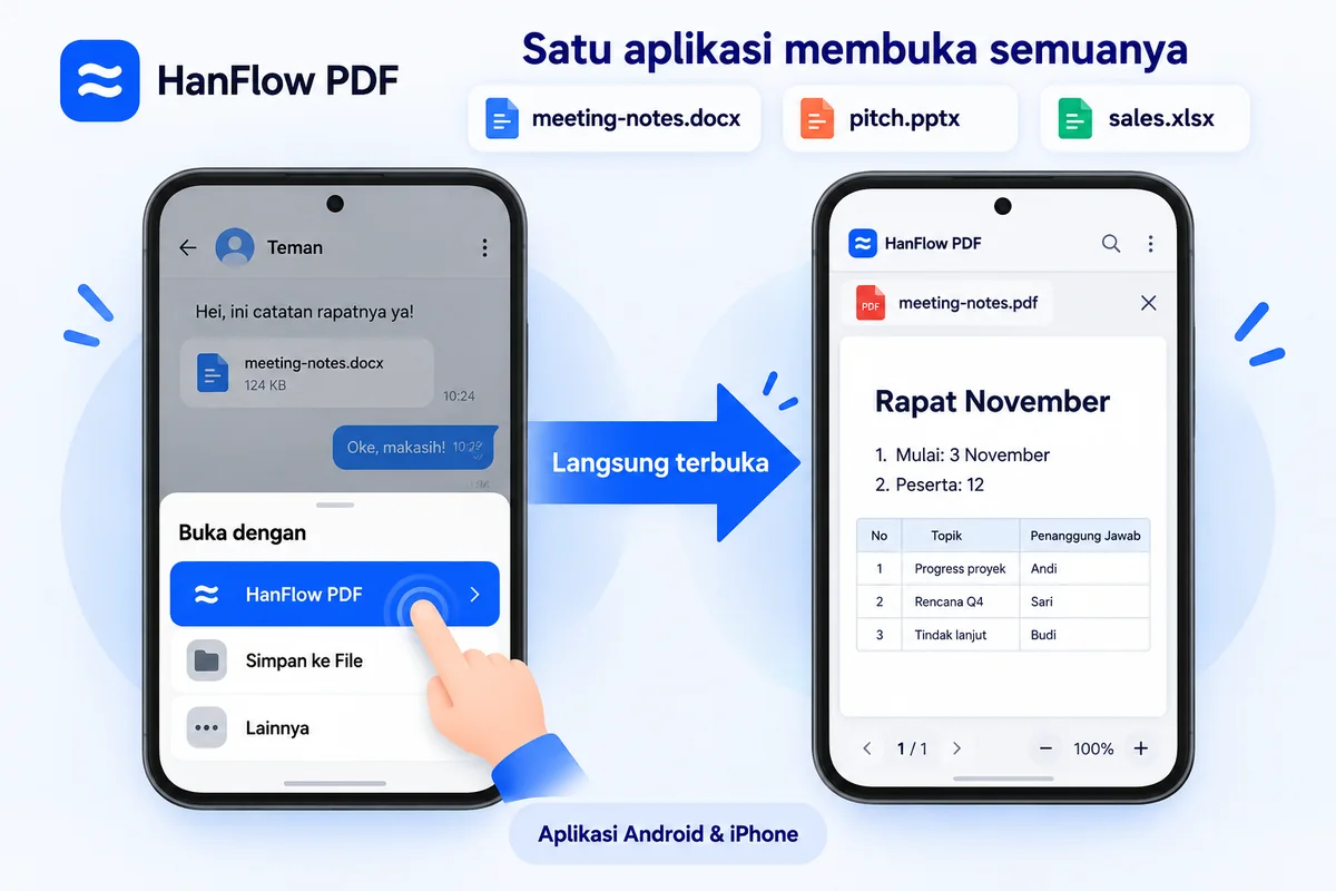 File Word yang diterima di aplikasi pesan dibuka dengan HanFlow PDF dari daftar Buka dengan dan ditampilkan sebagai PDF di ponsel