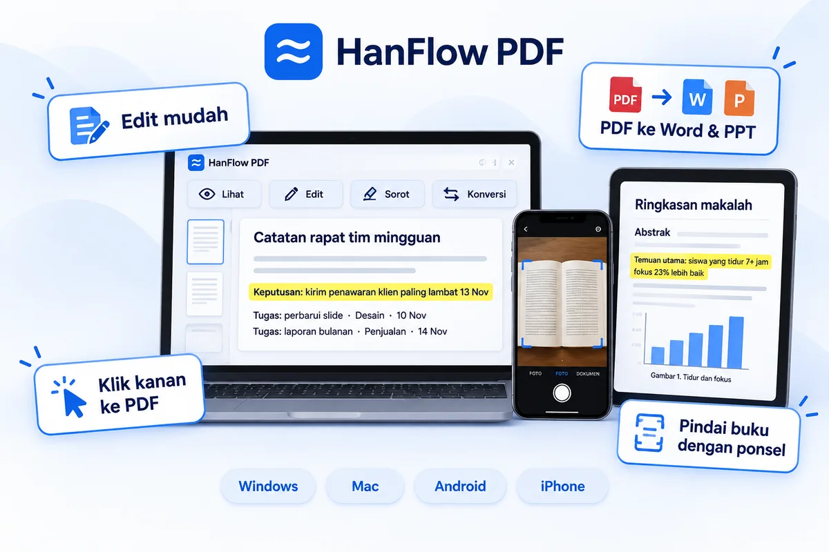 HanFlow PDF — pengeditan mudah, PDF ke Word dan PowerPoint, klik kanan untuk PDF, pemindaian buku dengan ponsel, di Windows, Mac, Android, dan iPhone