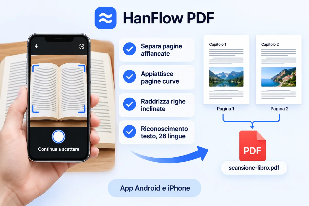 Foto di un libro aperto con un telefono: le due pagine vengono separate, appiattite e salvate come PDF