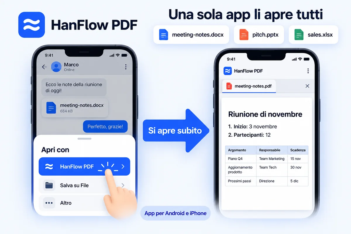 Un file Word ricevuto in un’app di messaggistica viene aperto con HanFlow PDF dall’elenco Apri con e mostrato come PDF sul telefono