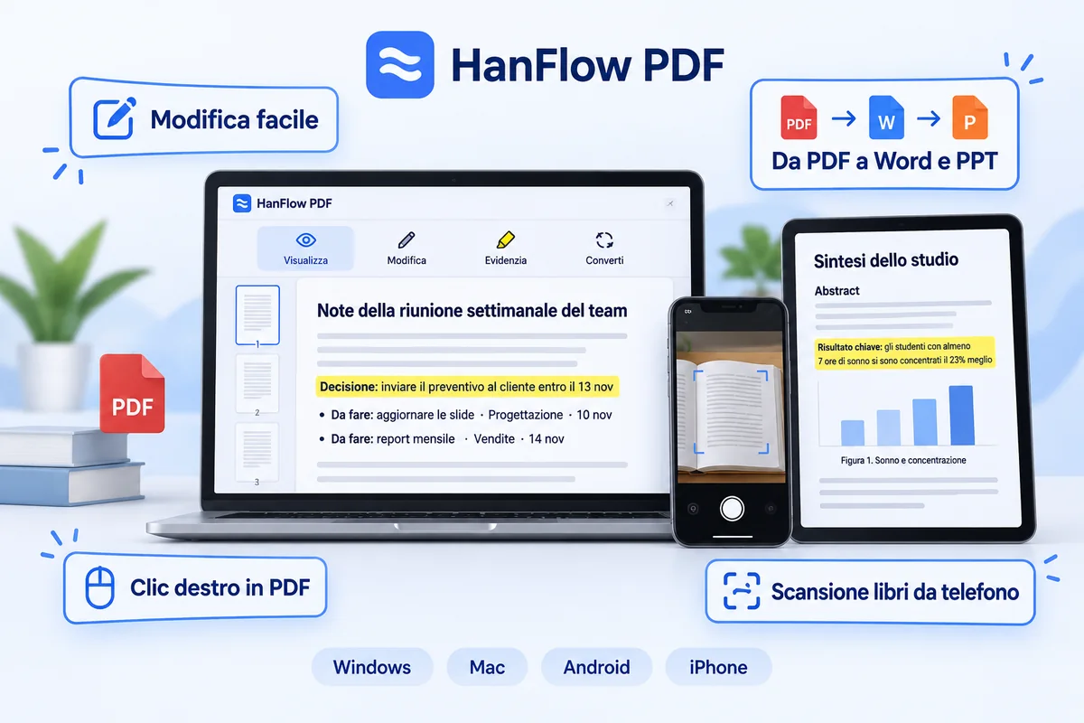 HanFlow PDF — modifica semplice, da PDF a Word e PowerPoint, clic destro per PDF, scansione di libri con il telefono, su Windows, Mac, Android e iPhone