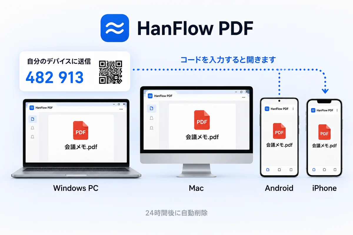同じドキュメントをWindows PC、Mac、Androidスマートフォン、iPhoneで開き、6桁のコードで送信