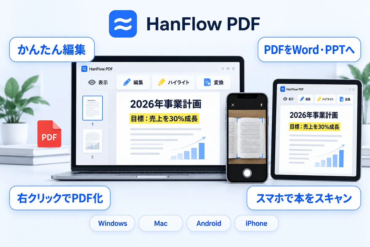 HanFlow PDF — 簡単編集、PDFからWordやPowerPointへの変換、右クリックでPDF化、スマホで本をスキャン、Windows、Mac、Android、iPhoneに対応