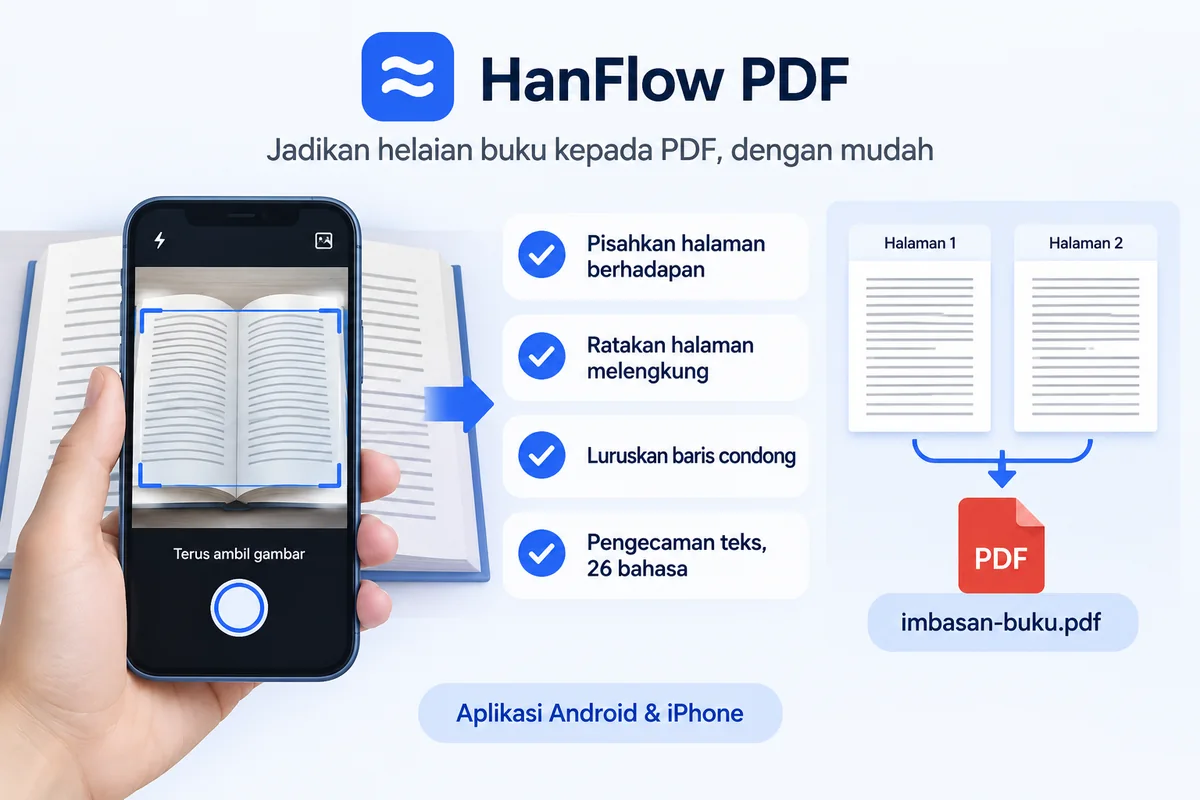 Mengambil gambar buku yang terbuka dengan telefon: dua halaman dipisahkan, diratakan dan disimpan sebagai PDF