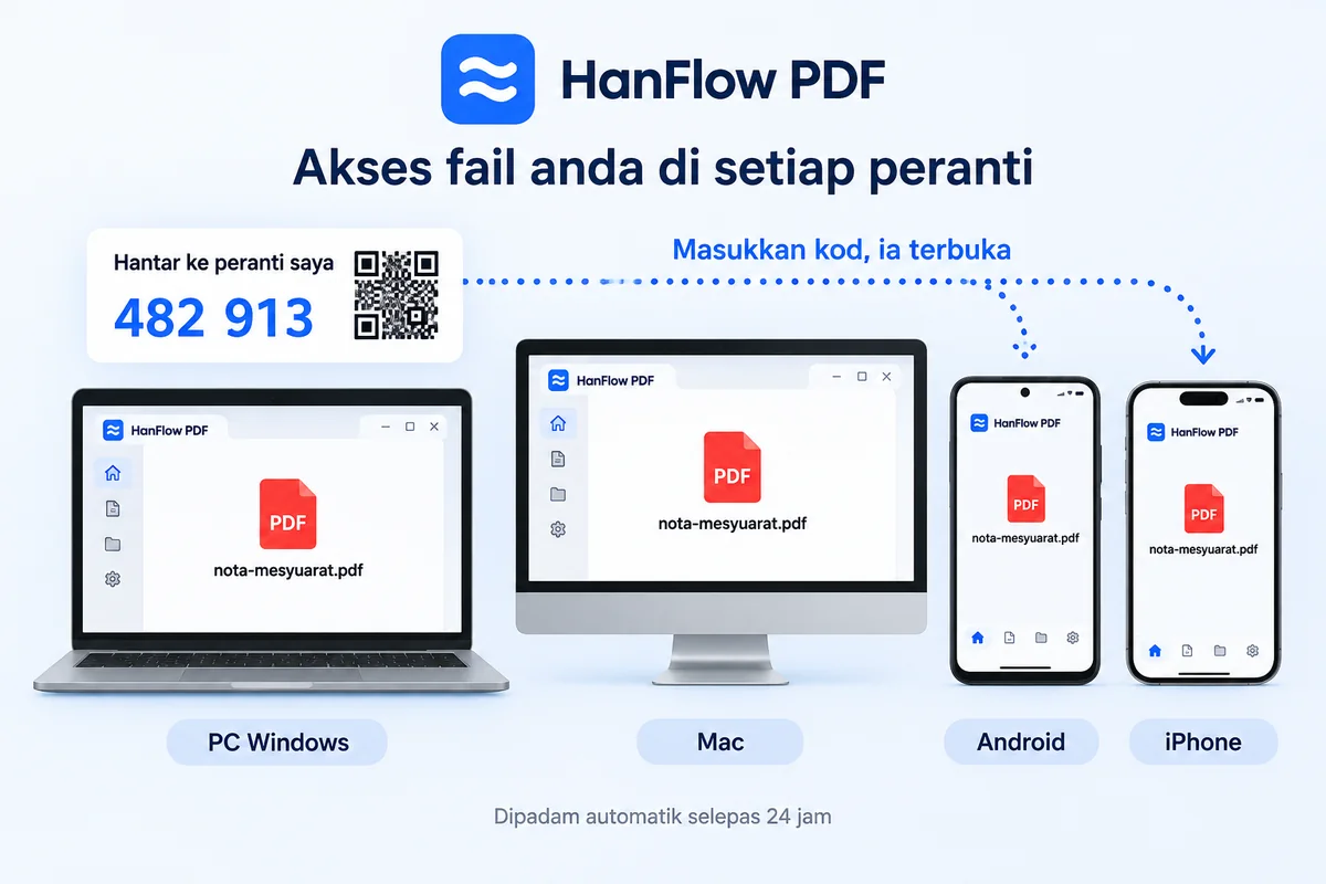 Dokumen yang sama dibuka pada PC Windows, Mac, telefon Android dan iPhone, dihantar dengan kod 6 digit