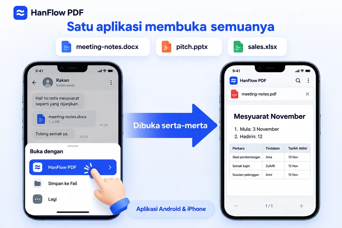 Fail Word yang diterima dalam aplikasi pemesejan dibuka dengan HanFlow PDF daripada senarai Buka dengan dan dipaparkan sebagai PDF pada telefon