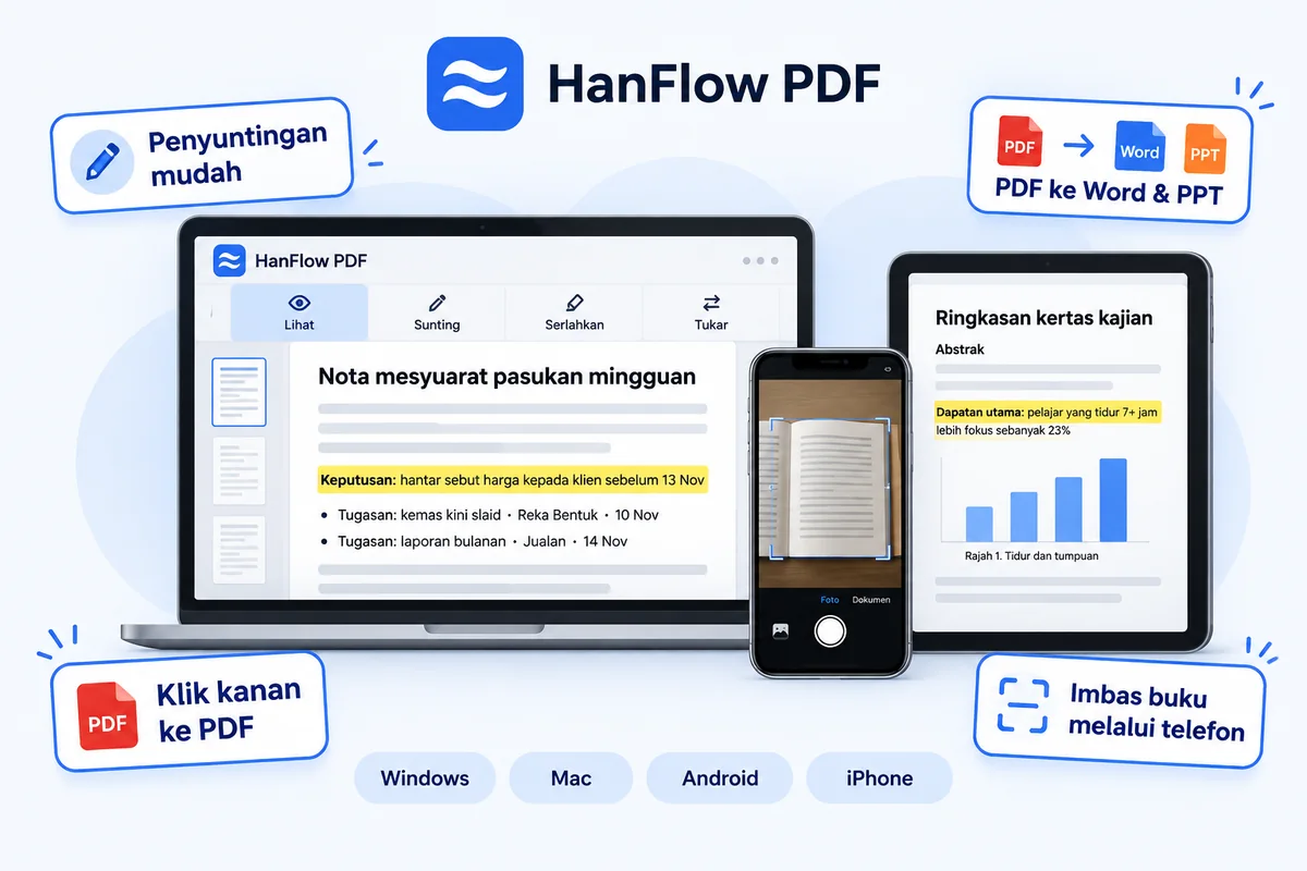 HanFlow PDF — penyuntingan mudah, PDF kepada Word dan PowerPoint, klik kanan untuk PDF, imbas buku dengan telefon, pada Windows, Mac, Android dan iPhone