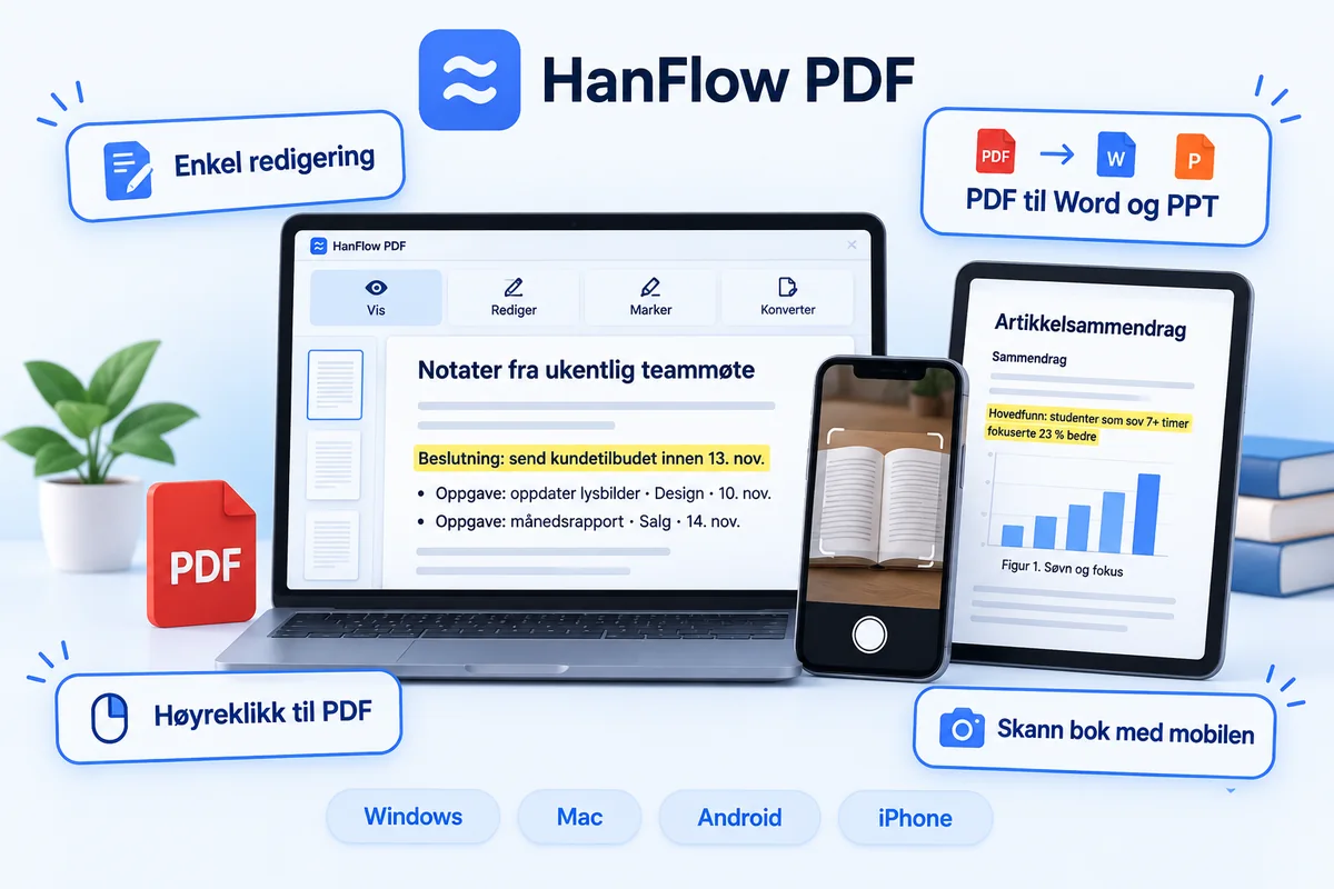HanFlow PDF – enkel redigering, PDF til Word og PowerPoint, høyreklikk til PDF, bokskanning med telefon, på Windows, Mac, Android og iPhone