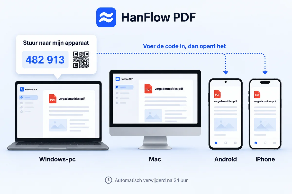 Hetzelfde document geopend op een Windows PC, een Mac, een Android-telefoon en een iPhone, verzonden met een code van 6 cijfers