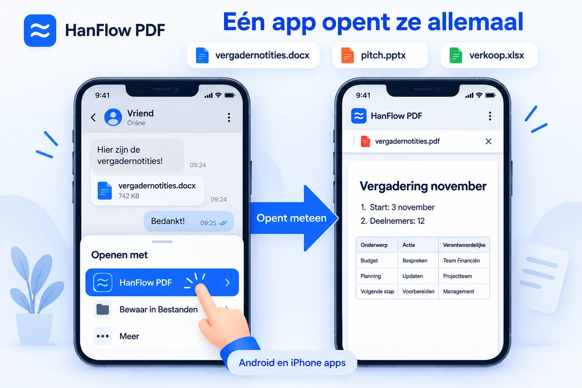 Een Word-bestand dat in een berichtenapp is ontvangen, wordt met HanFlow PDF geopend via de lijst Openen met en als PDF op de telefoon weergegeven