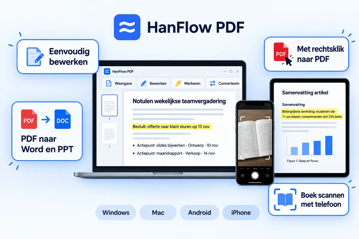 HanFlow PDF — makkelijk bewerken, PDF naar Word en PowerPoint, met rechtsklik naar PDF, boeken scannen met telefoon, op Windows, Mac, Android en iPhone
