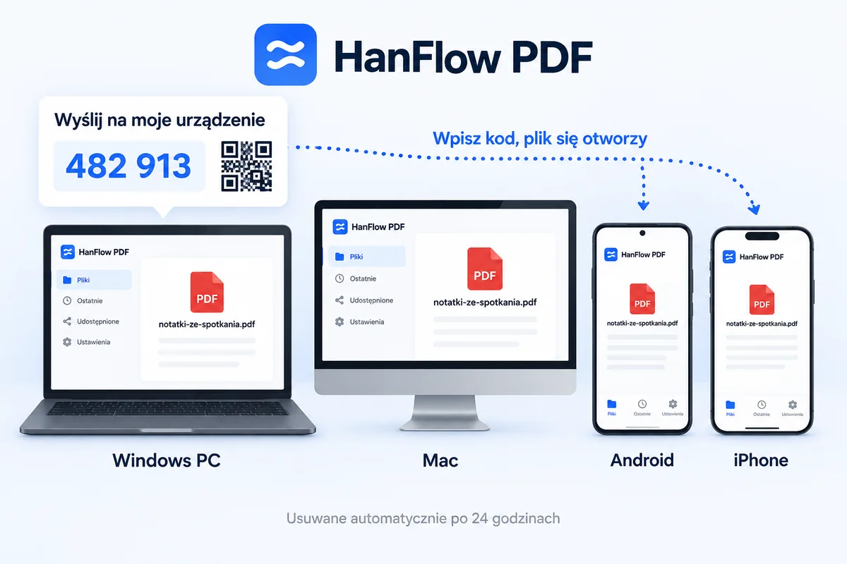 Ten sam dokument otwarty na komputerze z Windows, Mac, telefonie Android i iPhone, wysłany za pomocą 6-cyfrowego kodu