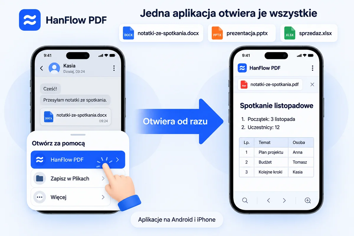 Plik Word otrzymany w komunikatorze jest otwierany w HanFlow PDF z listy Otwórz za pomocą i wyświetlany jako PDF na telefonie
