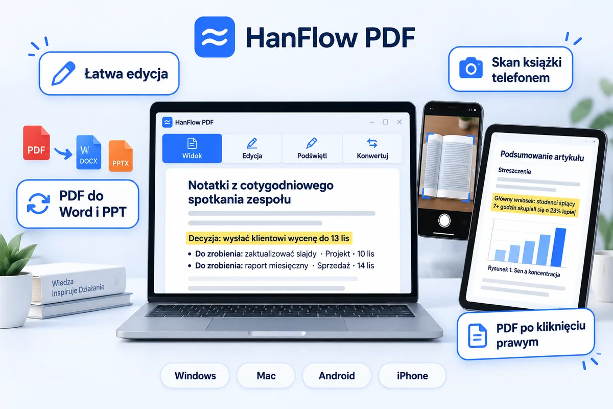 HanFlow PDF — łatwa edycja, PDF do Word i PowerPoint, PDF z menu prawego przycisku, skanowanie książki telefonem, na Windows, Mac, Android i iPhone