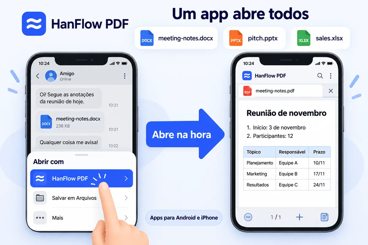 Um arquivo Word recebido em um app de mensagens é aberto com HanFlow PDF pela lista Abrir com e exibido como PDF no celular