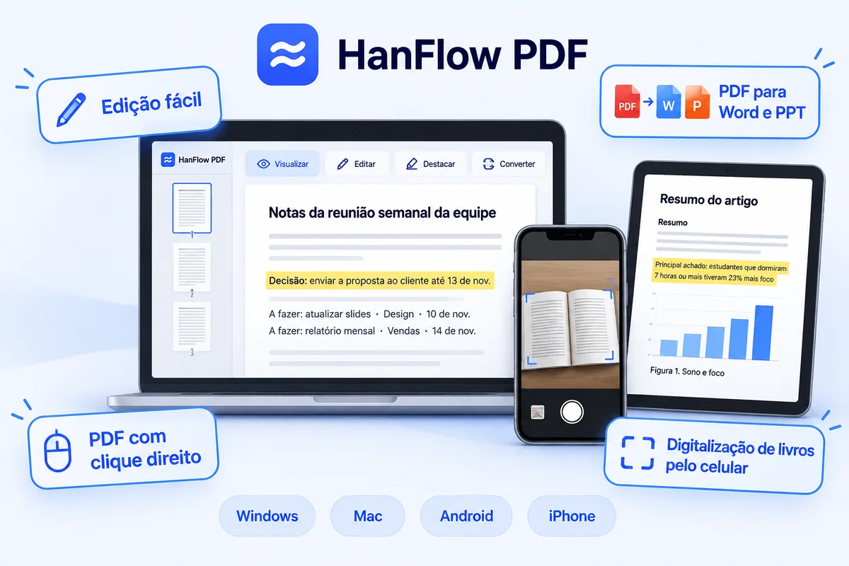 HanFlow PDF — edição fácil, PDF para Word e PowerPoint, clique com o botão direito para PDF, digitalização de livro pelo celular, no Windows, Mac, Android e iPhone