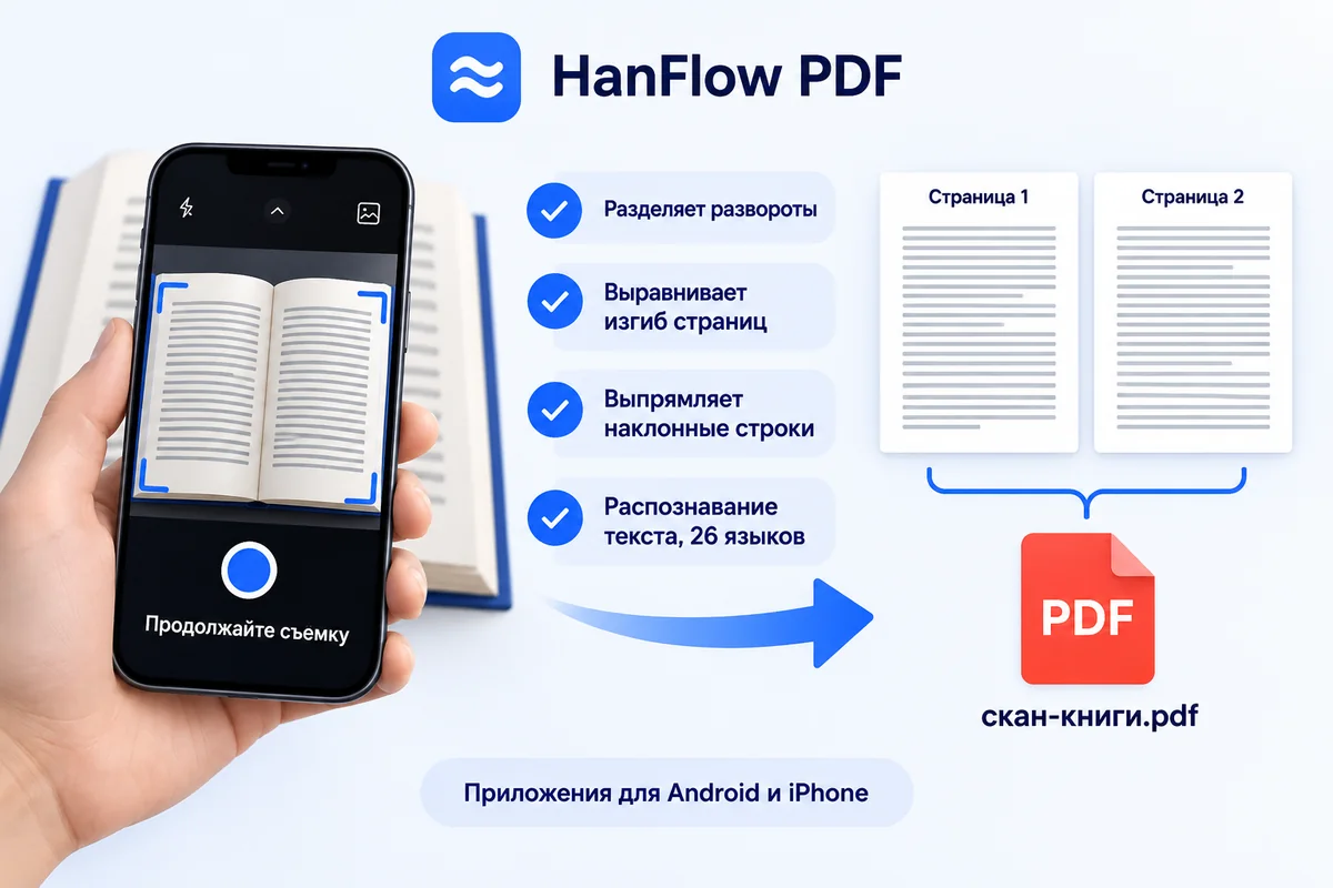 Съемка разворота книги на телефон: две страницы разделены, выровнены и сохранены как PDF