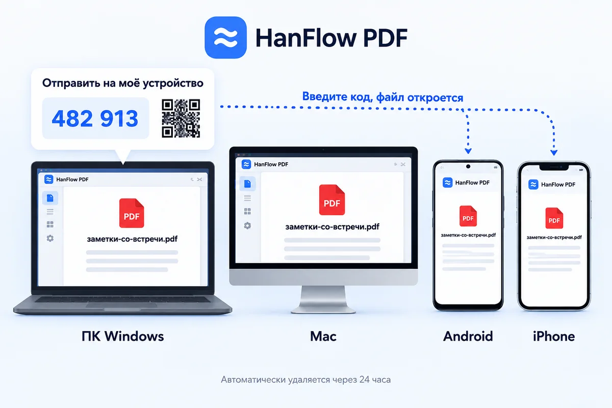 Один и тот же документ открыт на ПК с Windows, Mac, телефоне Android и iPhone, отправленный с помощью 6-значного кода