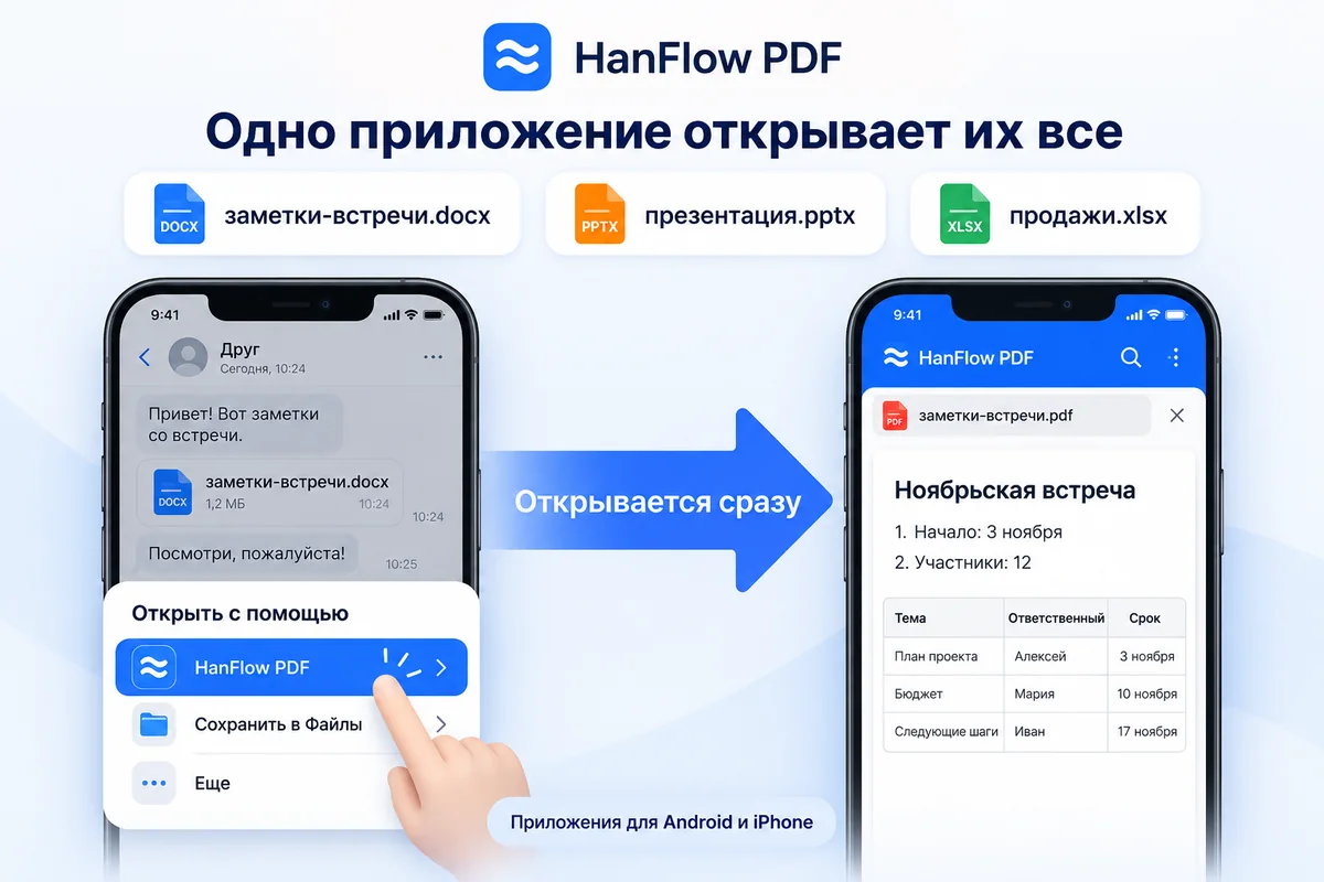 Файл Word, полученный в мессенджере, открывается через HanFlow PDF из списка «Открыть с помощью» и отображается как PDF на телефоне