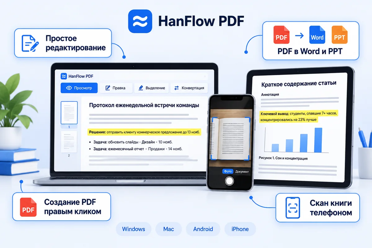 HanFlow PDF — удобное редактирование, PDF в Word и PowerPoint, создание PDF через правый клик, сканирование книги телефоном, на Windows, Mac, Android и iPhone