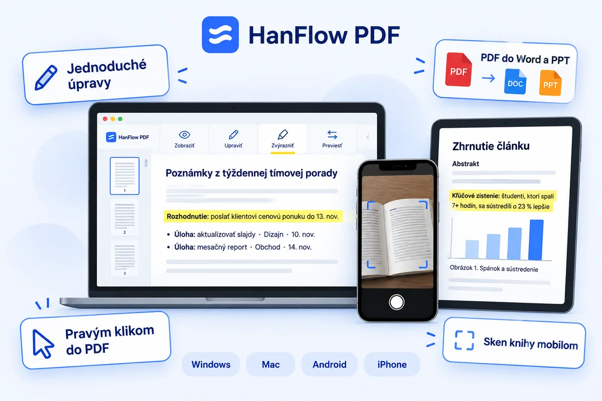 HanFlow PDF — jednoduché úpravy, PDF do Word a PowerPoint, PDF pravým kliknutím, skenovanie knihy telefónom, na Windows, Mac, Android a iPhone