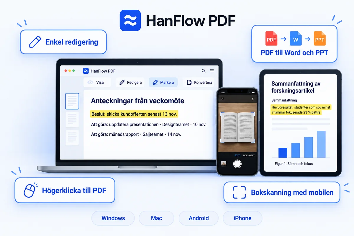 HanFlow PDF — enkel redigering, PDF till Word och PowerPoint, högerklick till PDF, bokskanning med telefon, på Windows, Mac, Android och iPhone