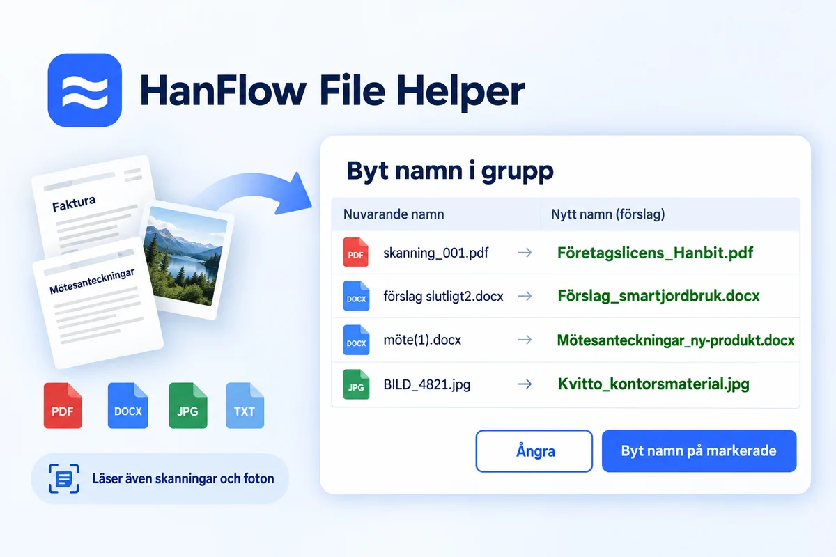 Namnbyte på många filer — automatiska innehållsbaserade förslag