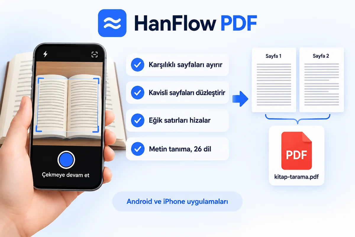 Telefonla açık bir kitabın fotoğrafını çekme: iki sayfa ayrılır, düzleştirilir ve PDF olarak kaydedilir