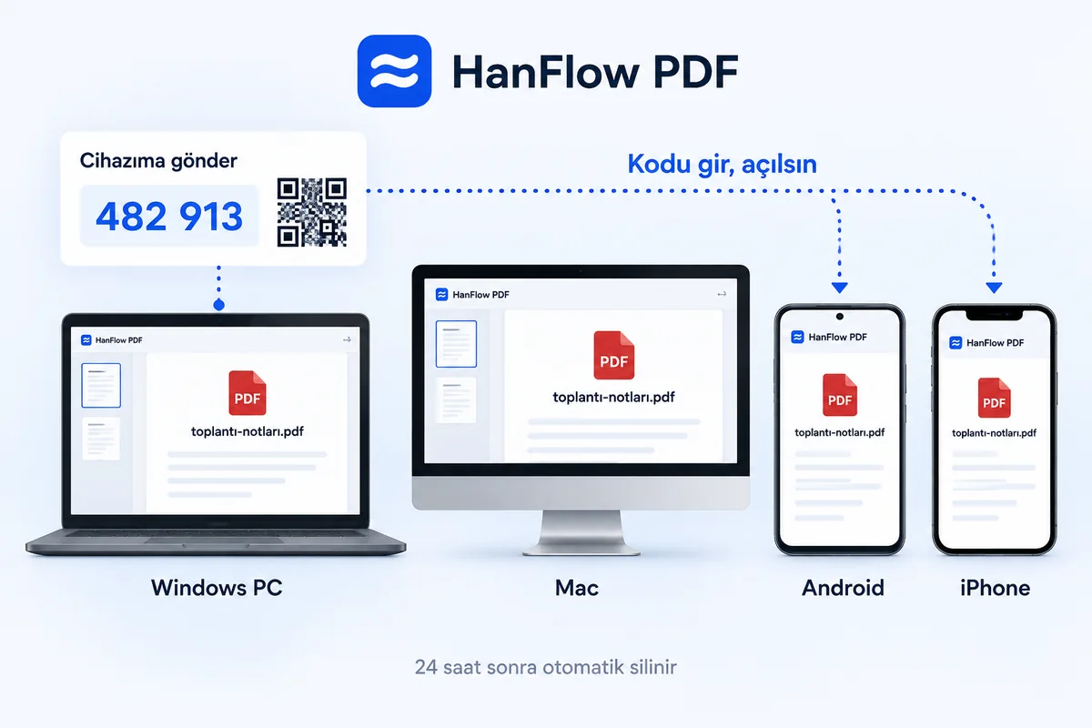 Aynı belge, 6 haneli kodla gönderilerek Windows PC, Mac, Android telefon ve iPhone üzerinde açık