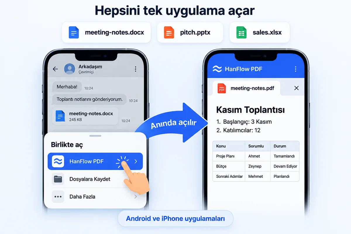 Mesajlaşma uygulamasında alınan bir Word dosyası, Birlikte aç listesinden HanFlow PDF ile açılır ve telefonda PDF olarak gösterilir