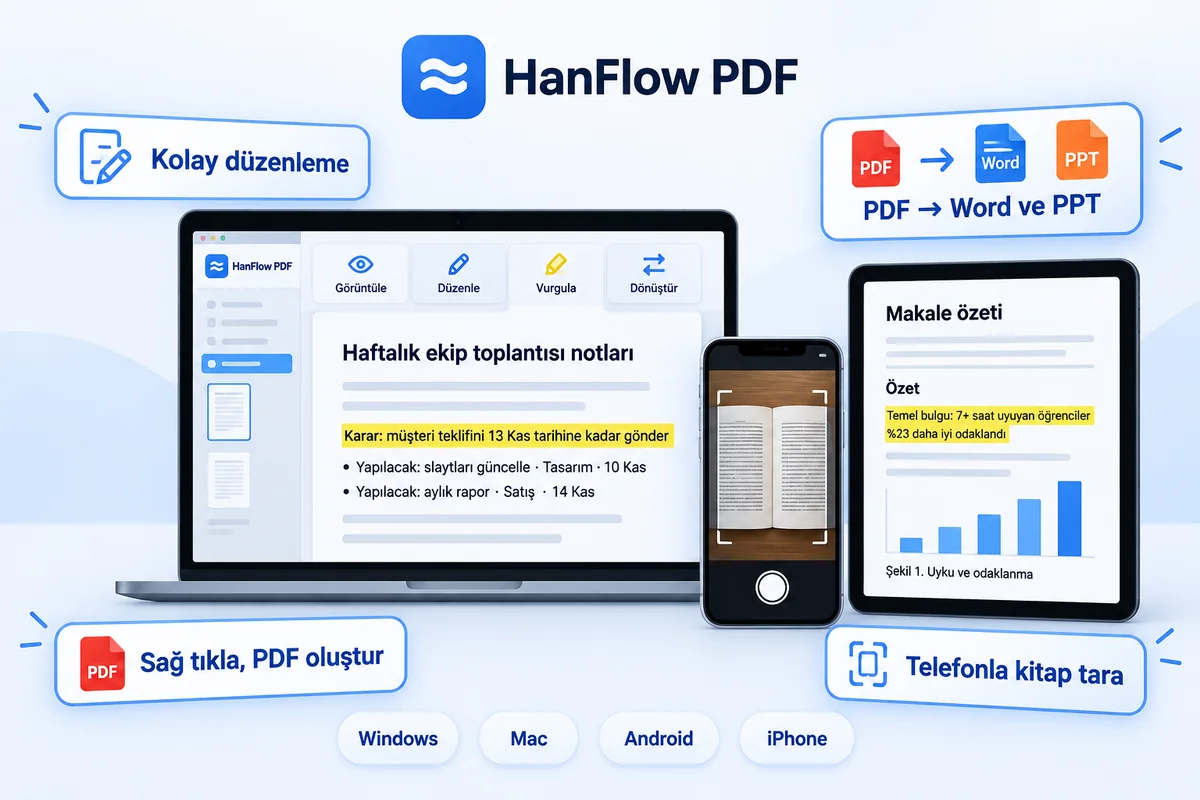 HanFlow PDF — kolay düzenleme, PDF’den Word ve PowerPoint’e, sağ tıkla PDF oluşturma, telefonla kitap tarama; Windows, Mac, Android ve iPhone üzerinde