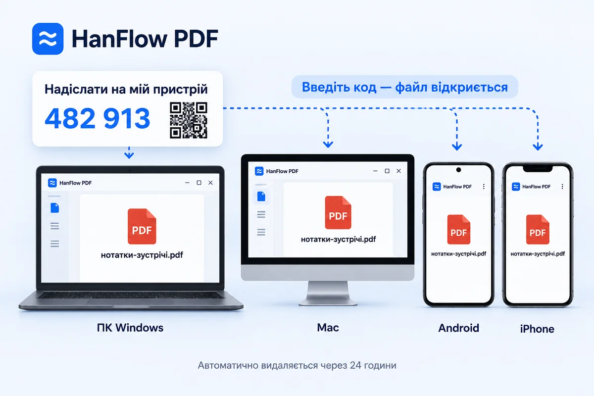 Той самий документ відкрито на ПК з Windows, Mac, телефоні Android та iPhone, надіслано за 6-значним кодом