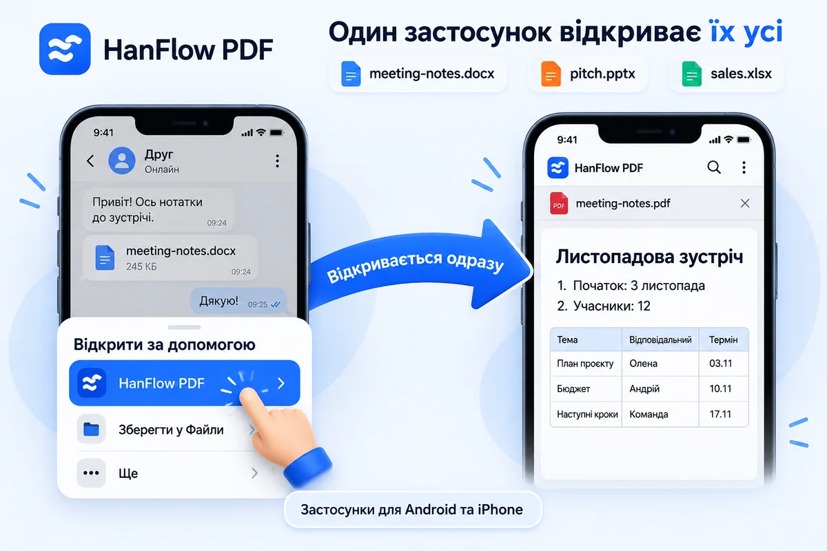 Файл Word, отриманий у месенджері, відкривають за допомогою HanFlow PDF зі списку «Відкрити за допомогою» і показують як PDF на телефоні