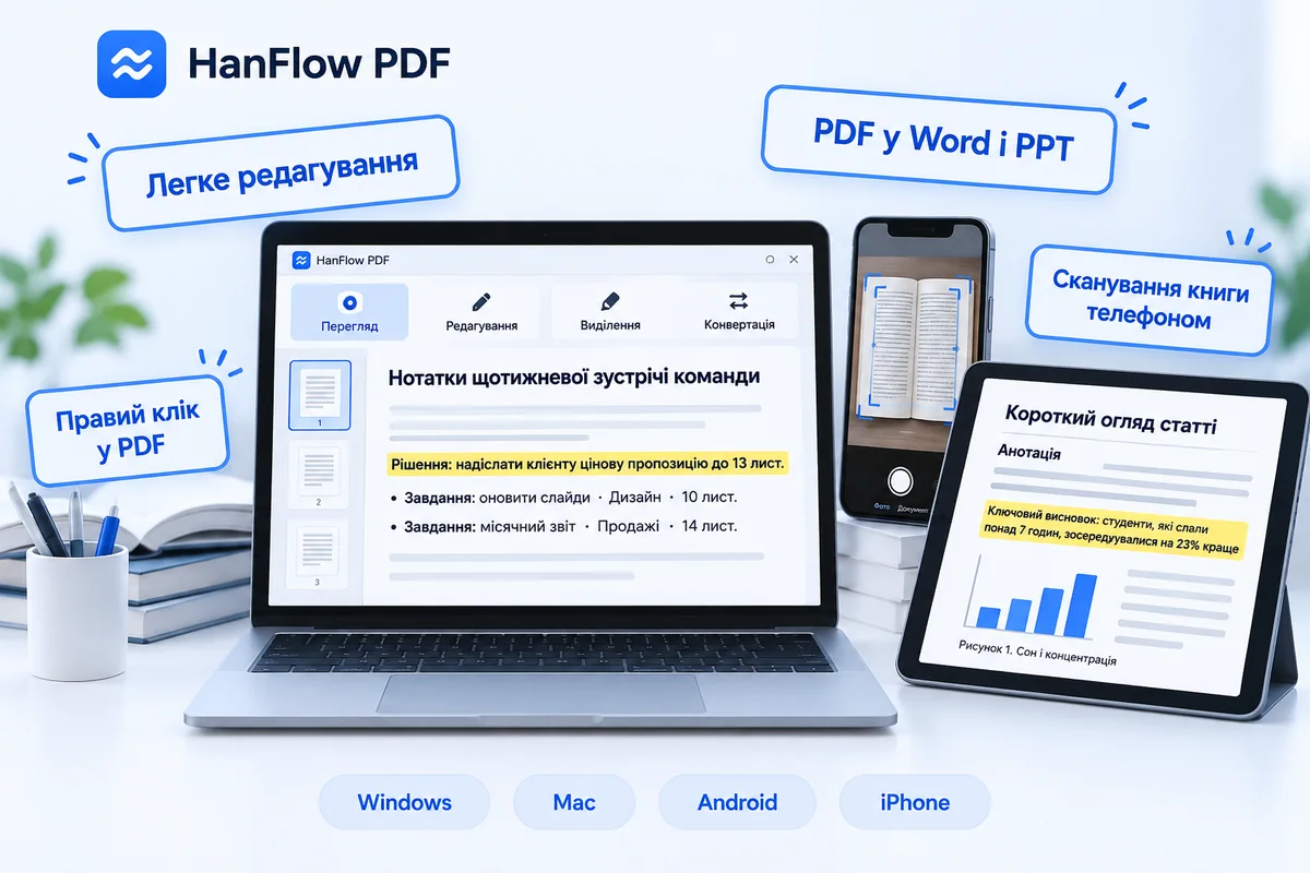 HanFlow PDF — просте редагування, PDF у Word і PowerPoint, PDF через правий клік, сканування книги телефоном на Windows, Mac, Android та iPhone